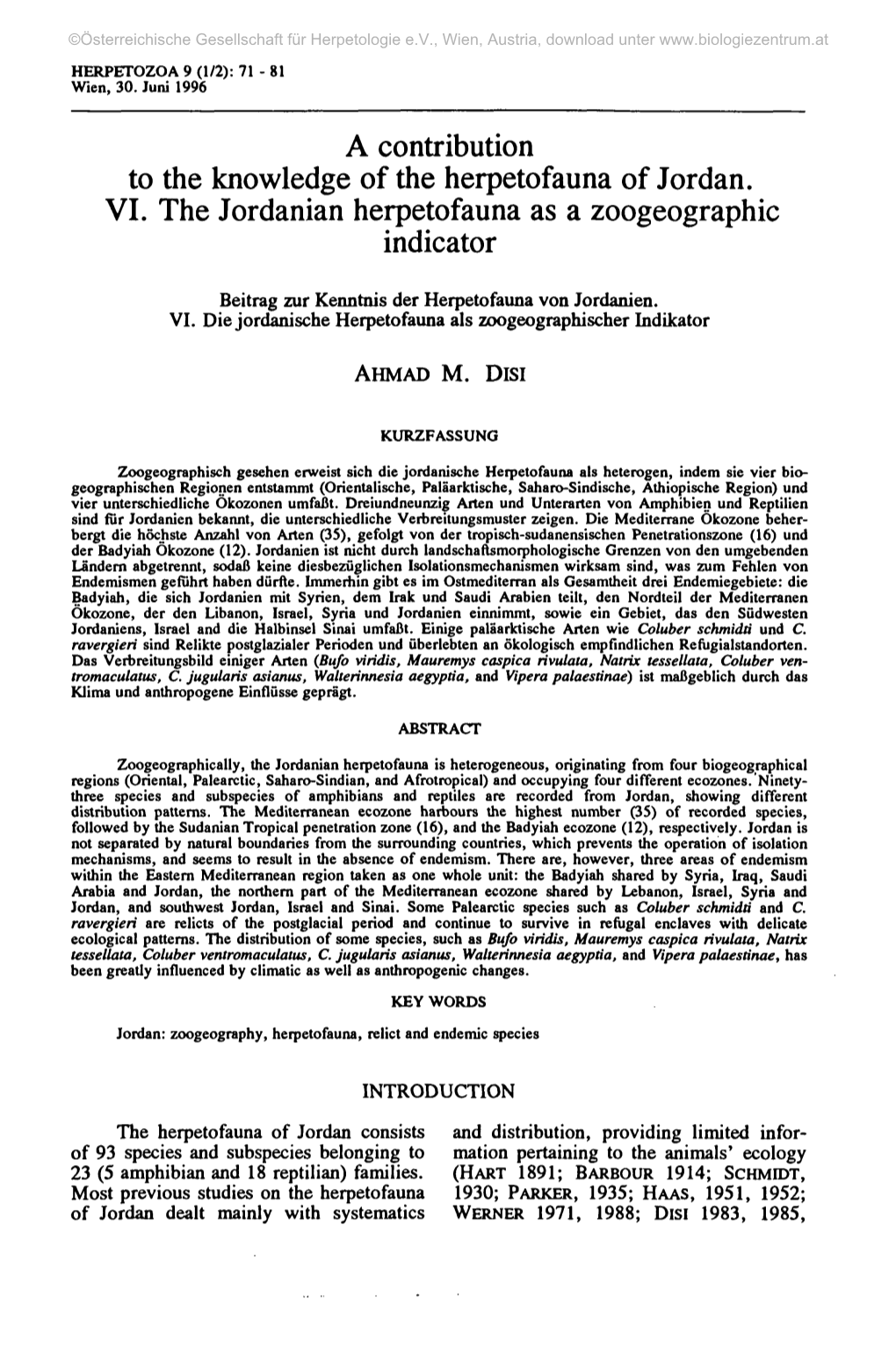 A Contribution to the Knowledge of the Herpetofauna of Jordan. VI. the Jordanian Herpetofauna As a Zoogeographie Indicator