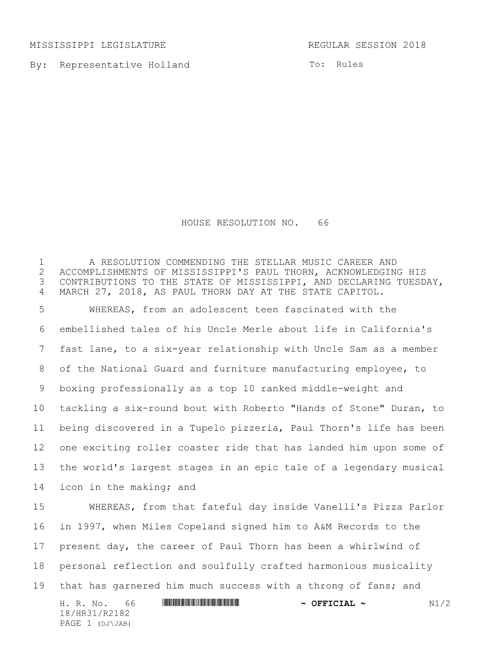 MISSISSIPPI LEGISLATURE REGULAR SESSION 2018 By