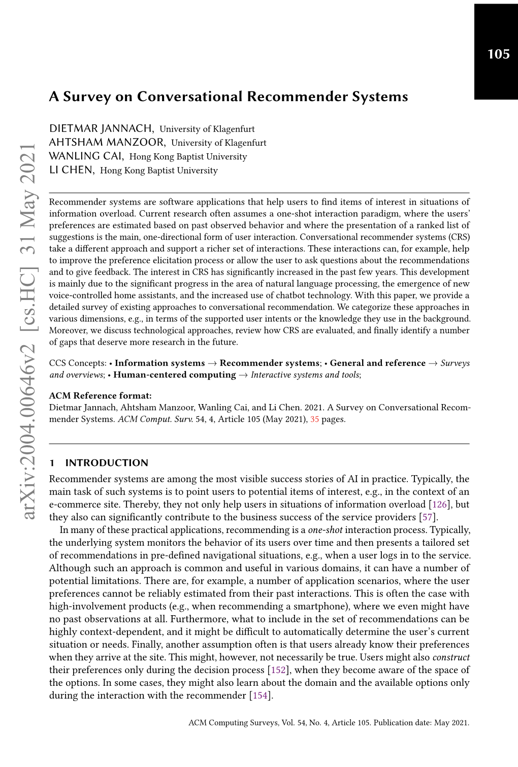 A Survey on Conversational Recommender Systems