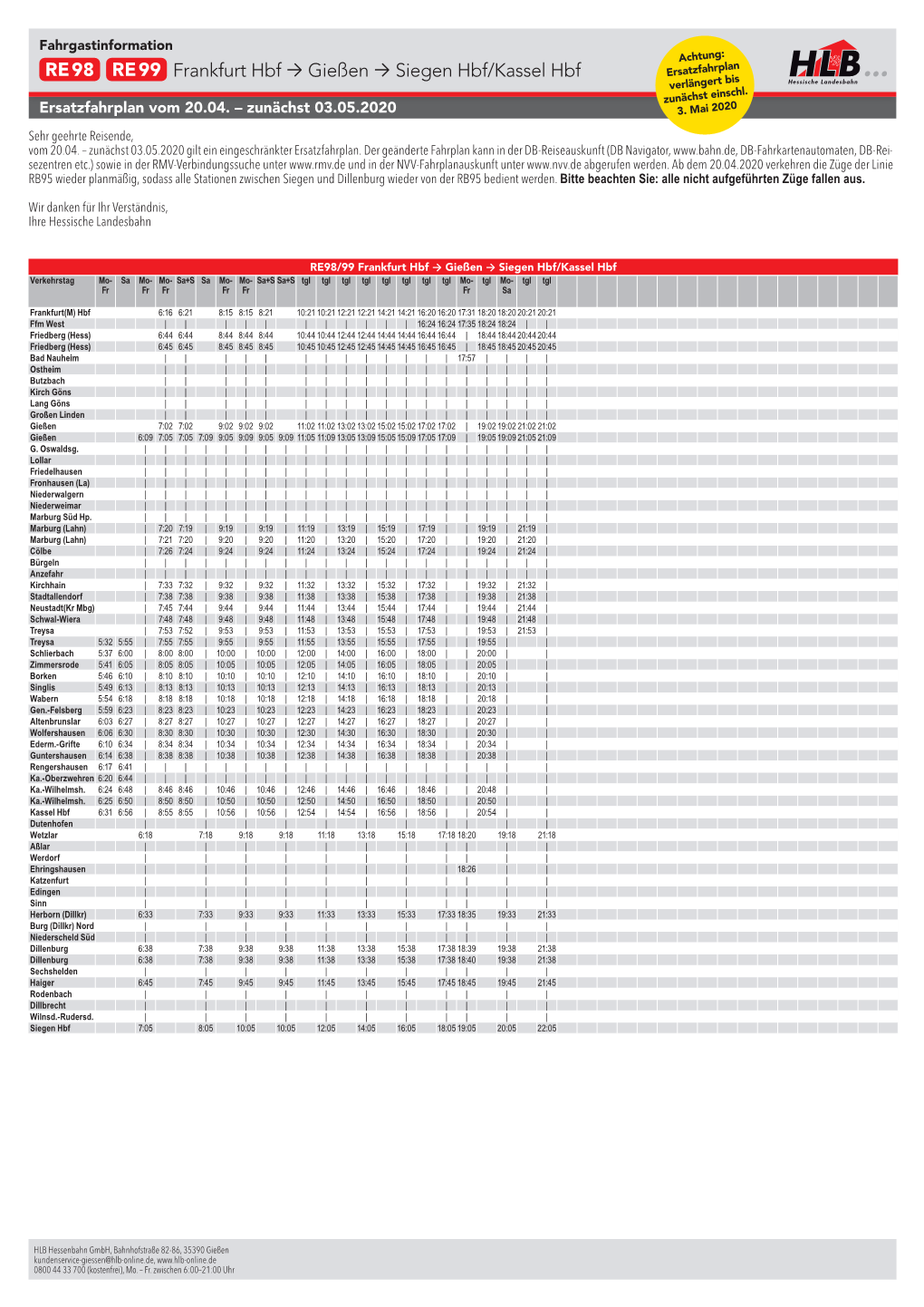 RE98 RE99 Frankfurt Hbf → Gießen → Siegen Hbf/Kassel Hbf Ersatzfahrplan Verlängert Bis Zunächst Einschl