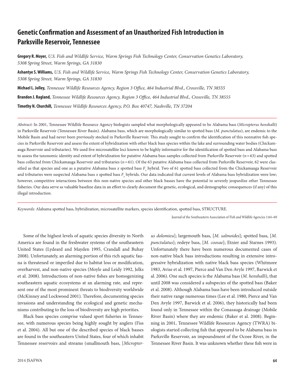 Genetic Confirmation and Assessment of an Unauthorized Fish Introduction in Parksville Reservoir, Tennessee