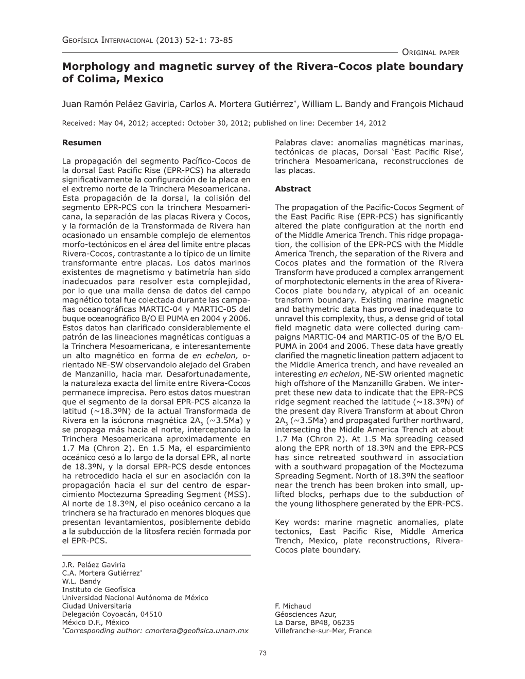 Morphology and Magnetic Survey of the Rivera-Cocos Plate Boundary of Colima, Mexico