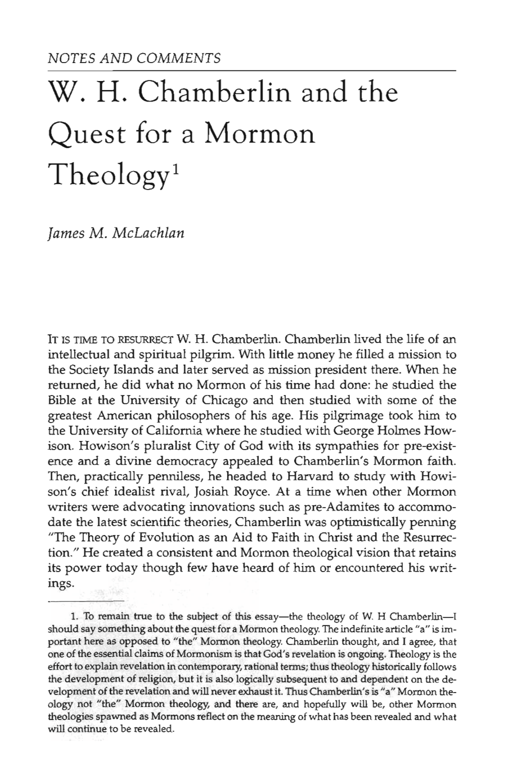 W. H- Chamberlin and the Quest for a Mormon Theology1