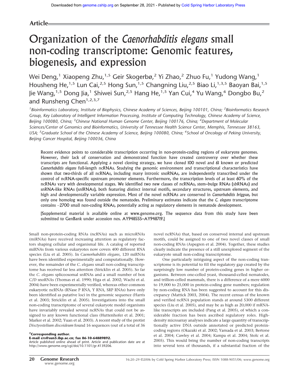 Organization of the Caenorhabditis Elegans Small Non-Coding Transcriptome: Genomic Features, Biogenesis, and Expression