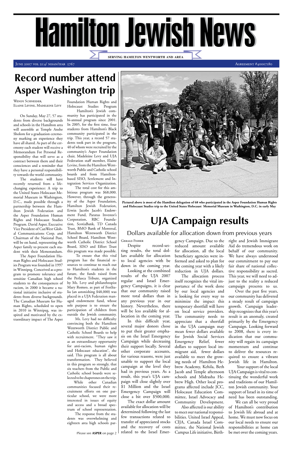 Record Number Attend Asper Washington Trip UJA Campaign Results
