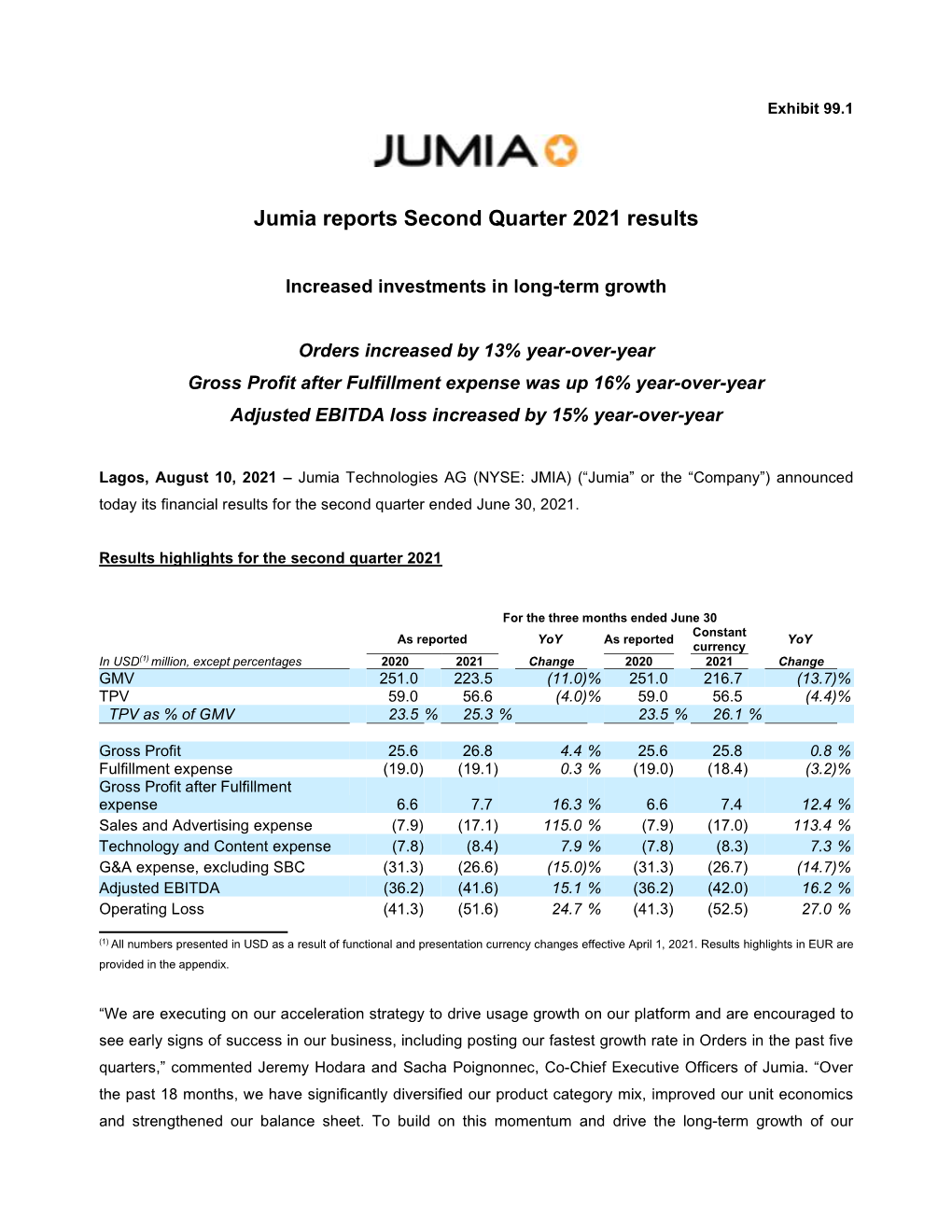 Jumia Reports Second Quarter 2021 Results