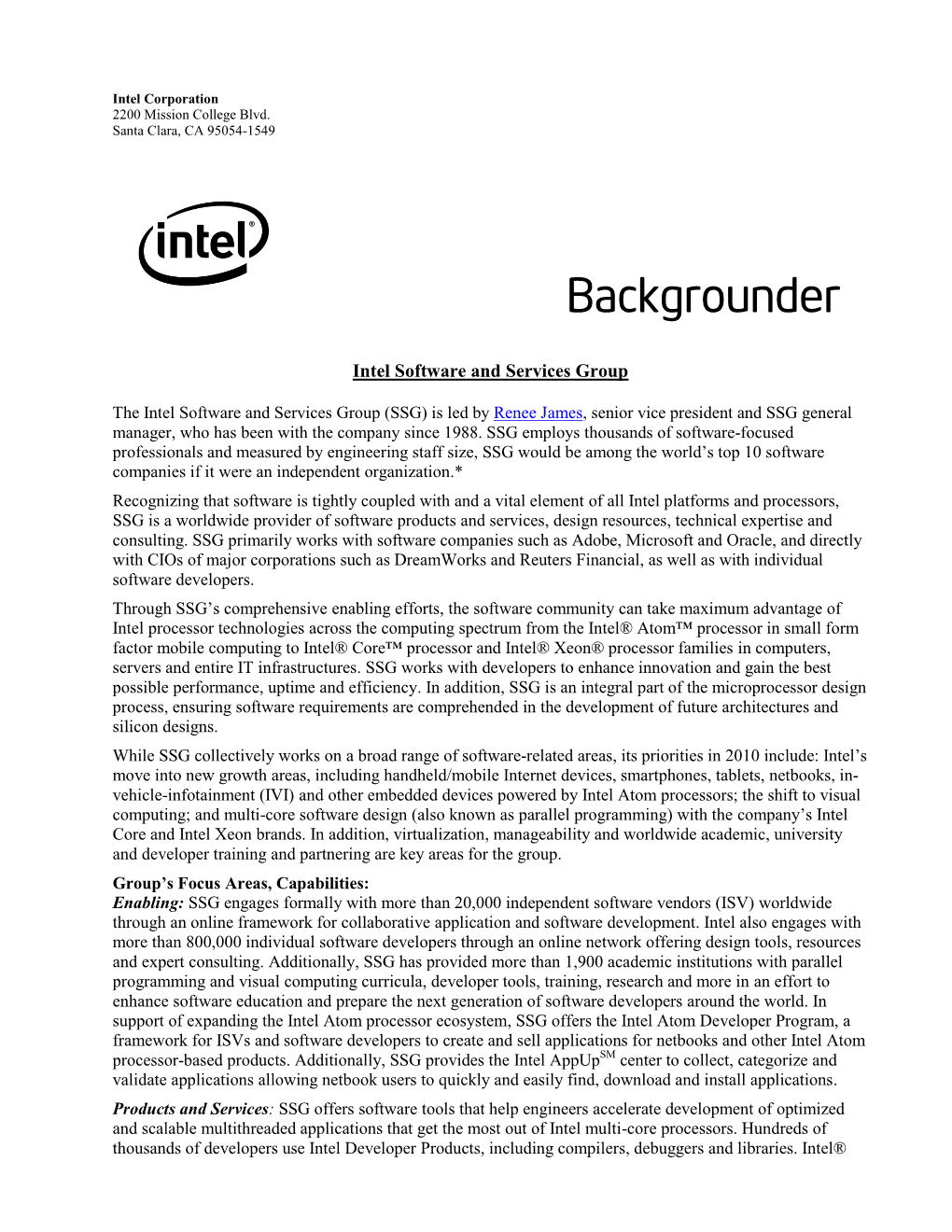 Backgrounder: Intel Software and Services Group