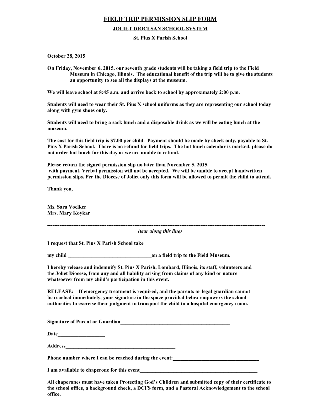 Field Trip Permission Slip Form