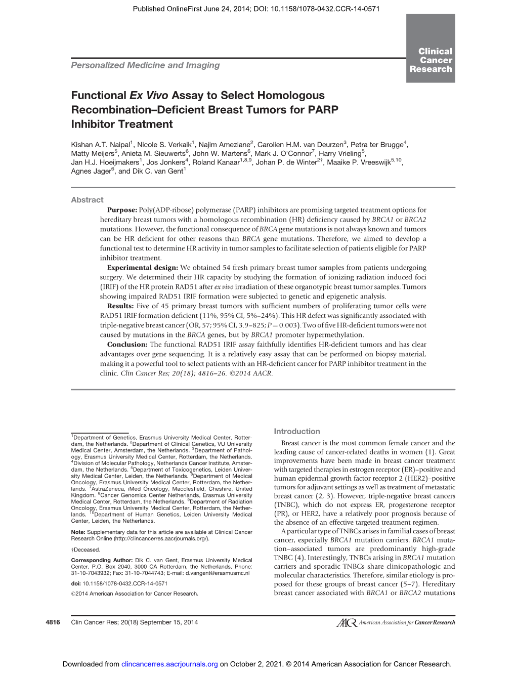 Functional Ex Vivo Assay to Select Homologous Recombination–Deﬁcient Breast Tumors for PARP Inhibitor Treatment