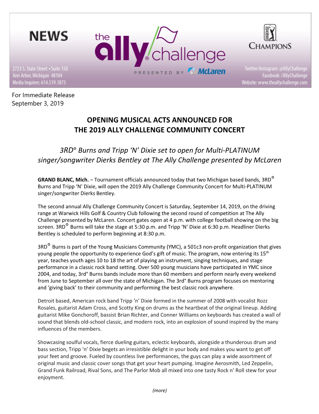 Opening Musical Acts Announced for the 2019 Ally Challenge Community Concert