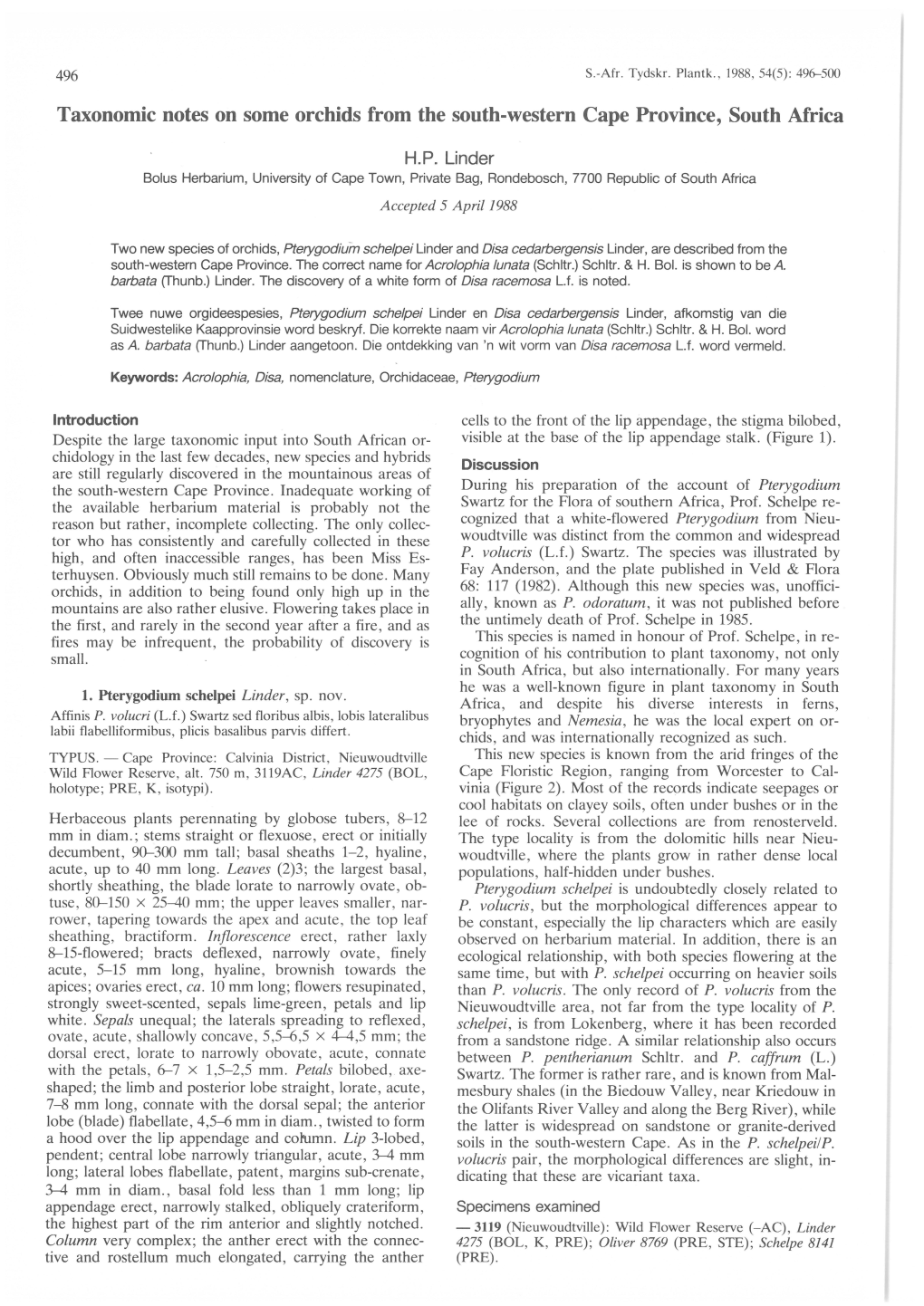 Taxonomic Notes on Some Orchids from the South-Western Cape Province, South Mrica