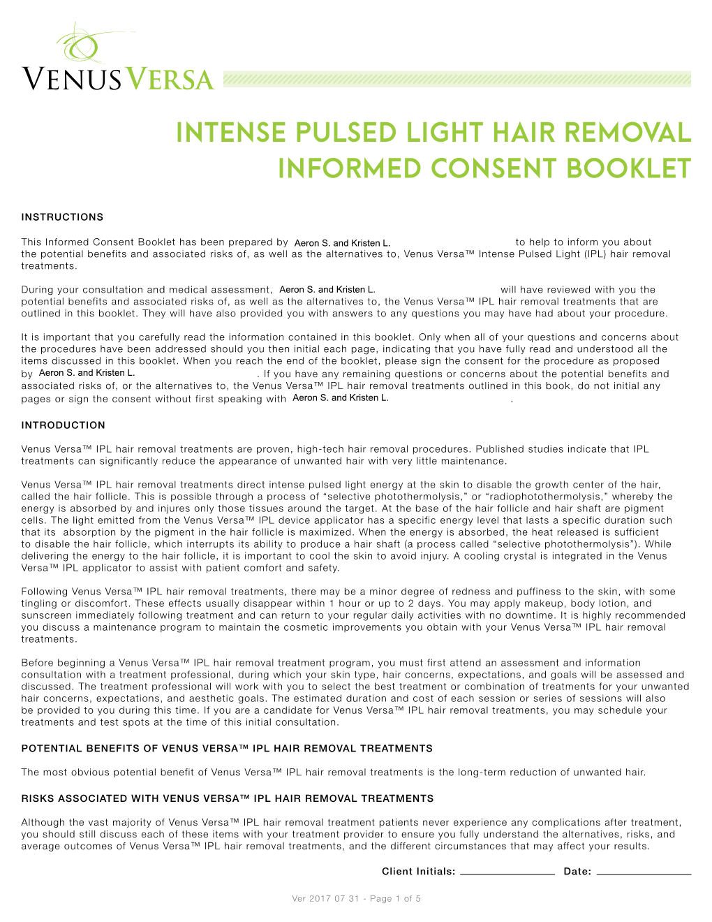 Intense Pulsed Light Hair Removal Informed Consent Booklet