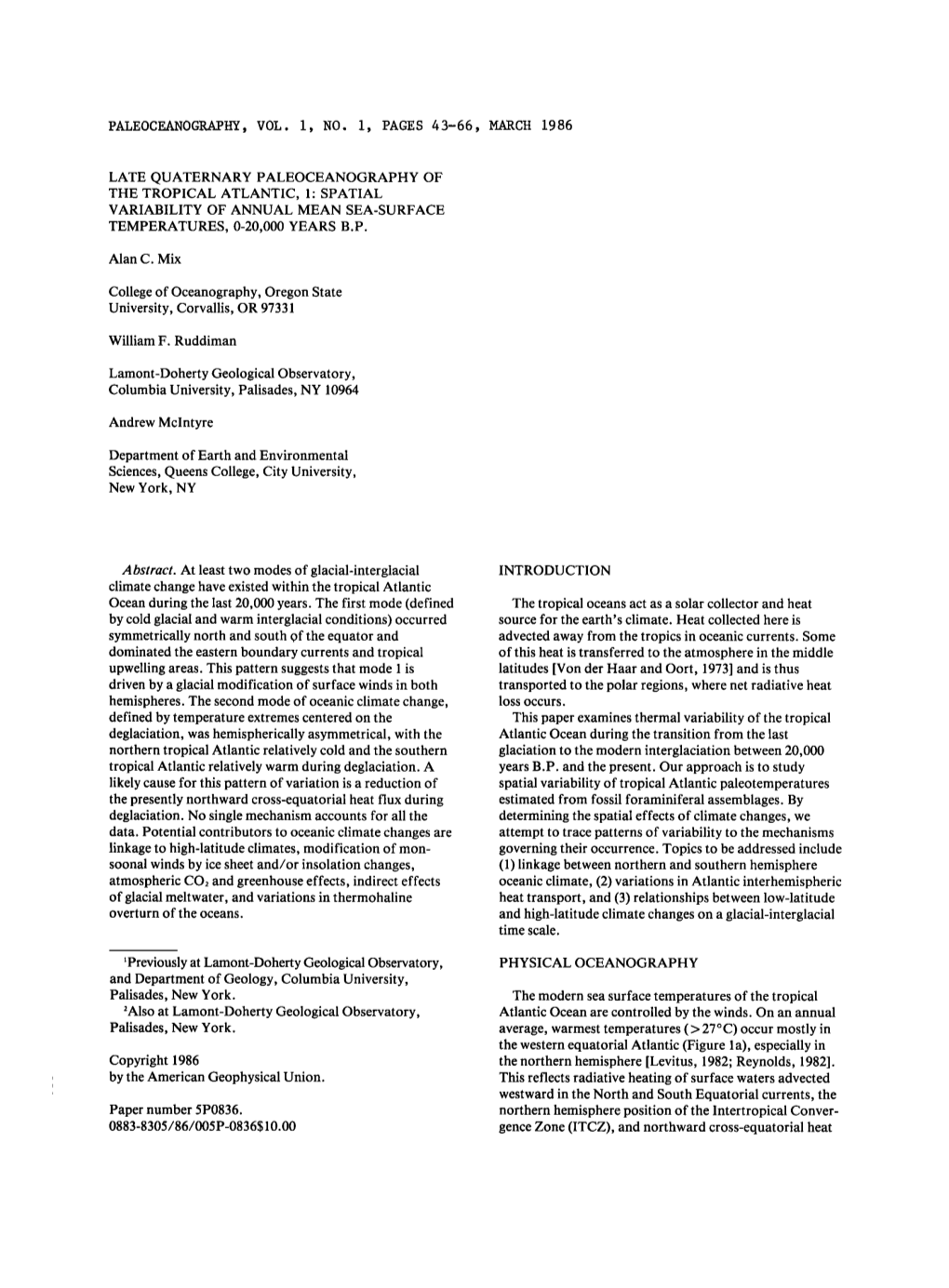 Late Quaternary Paleoceanography of the Tropical Atlantic, 1&Colon