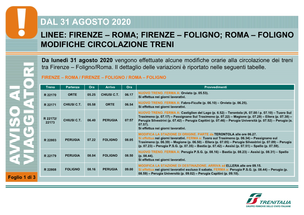 Dal 31 Agosto 2020 Linee: Firenze – Roma; Firenze – Foligno; Roma – Foligno Modifiche Circolazione Treni