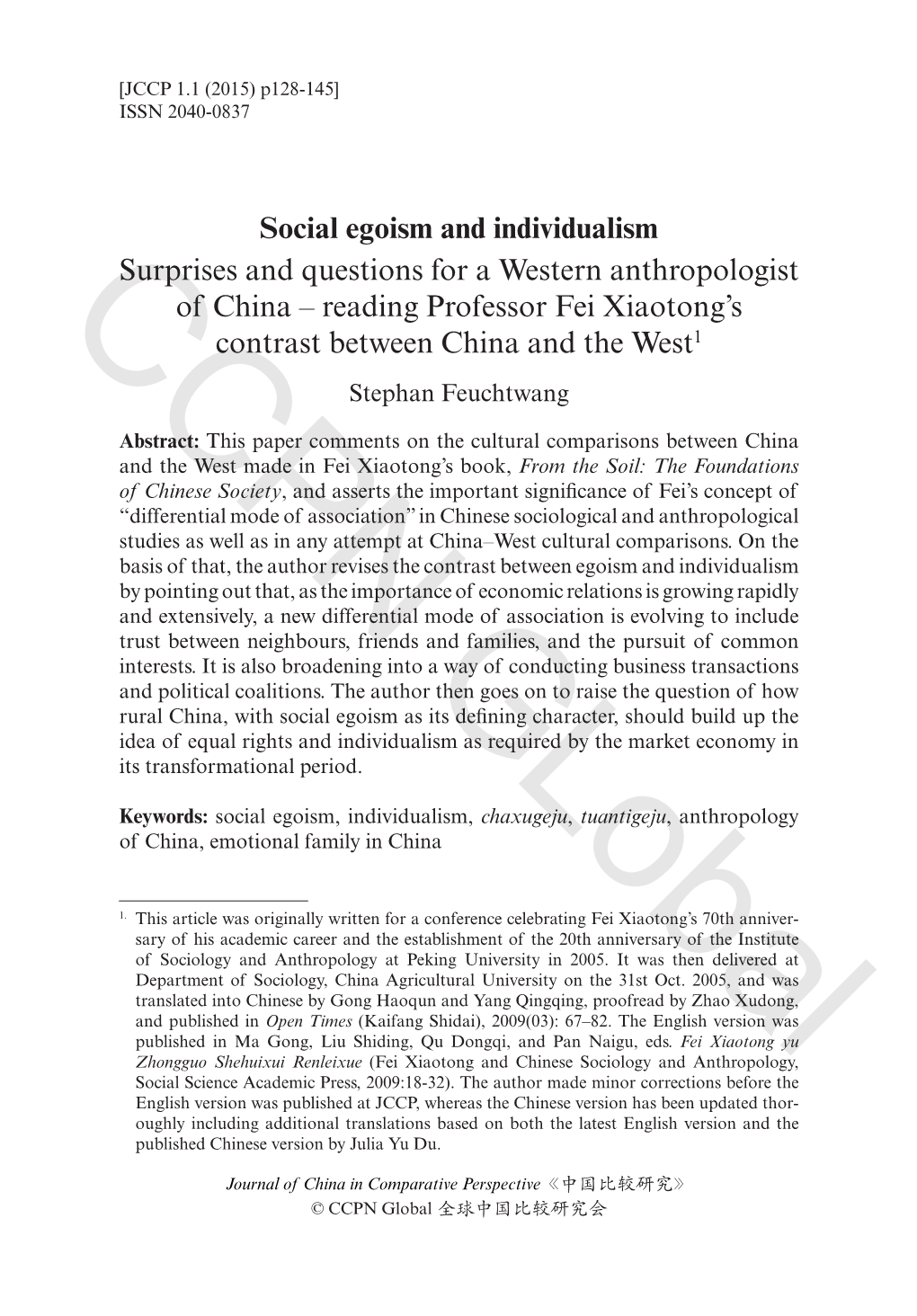 Reading Professor Fei Xiaotong’S CCPN 1 Contrast Between China and the West Stephan Feuchtwang