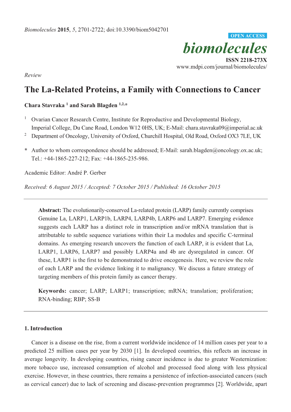 The La-Related Proteins, a Family with Connections to Cancer