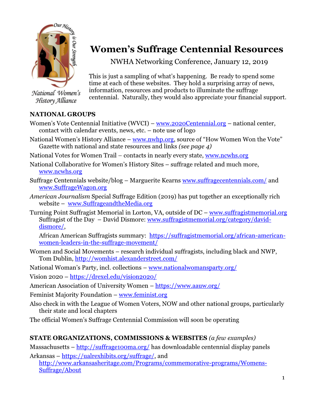 Women's Suffrage Centennial Resources