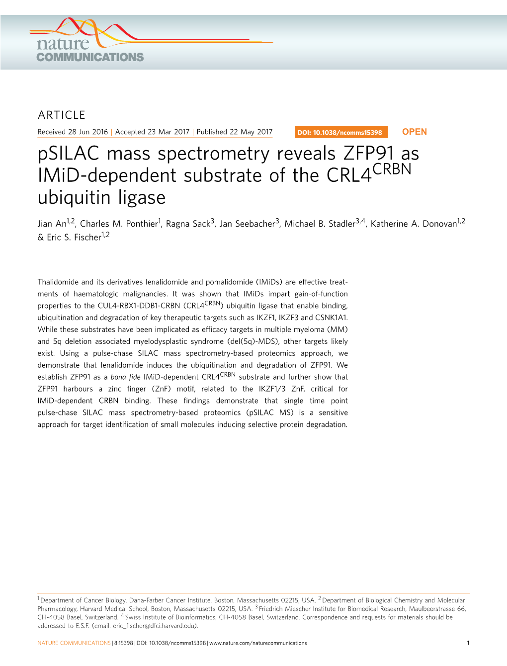 Psilac Mass Spectrometry Reveals ZFP91 As Imid-Dependent Substrate of the CRL4CRBN Ubiquitin Ligase