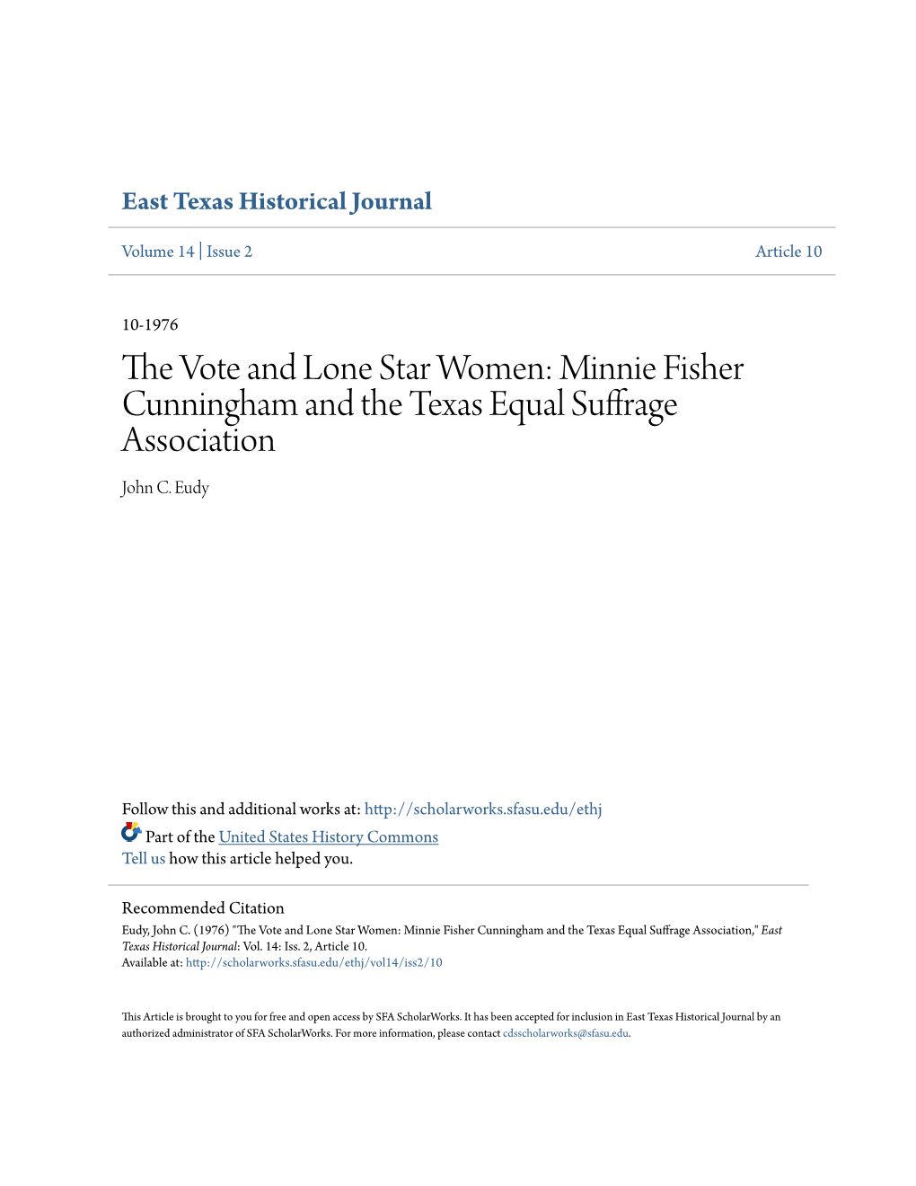 Minnie Fisher Cunningham and the Texas Equal Suffrage Association John C