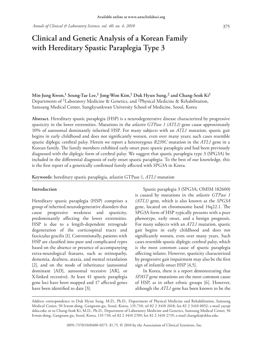 Clinical and Genetic Analysis of a Korean Family with Hereditary Spastic Paraplegia Type 3