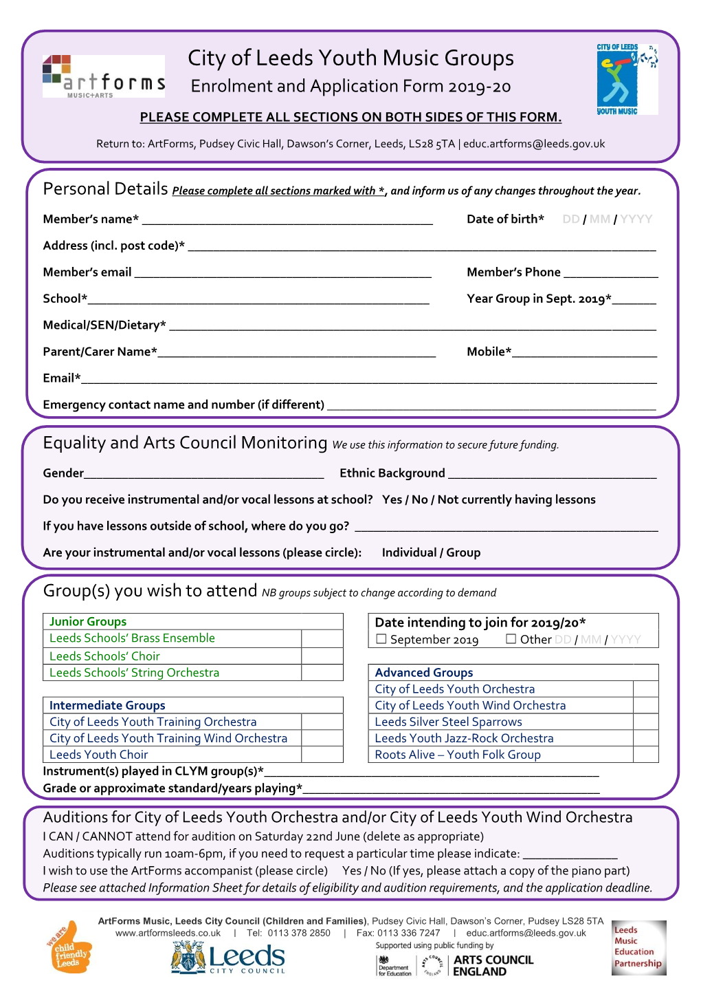 City of Leeds Youth Music Groups Enrolment and Application Form 2019-20