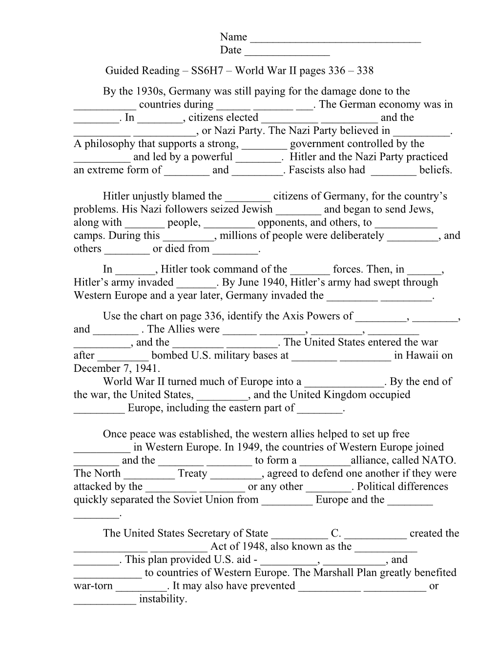 Guided Reading SS6H7 World War II Pages 336 338