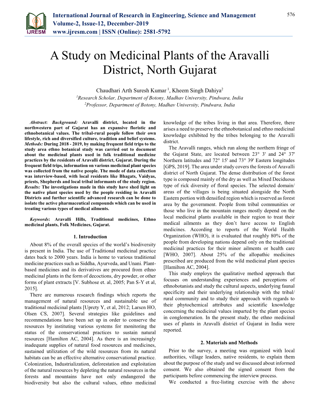 A Study on Medicinal Plants of the Aravalli District, North Gujarat