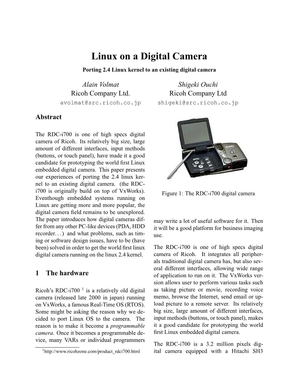 Linux on a Digital Camera Porting 2.4 Linux Kernel to an Existing Digital Camera