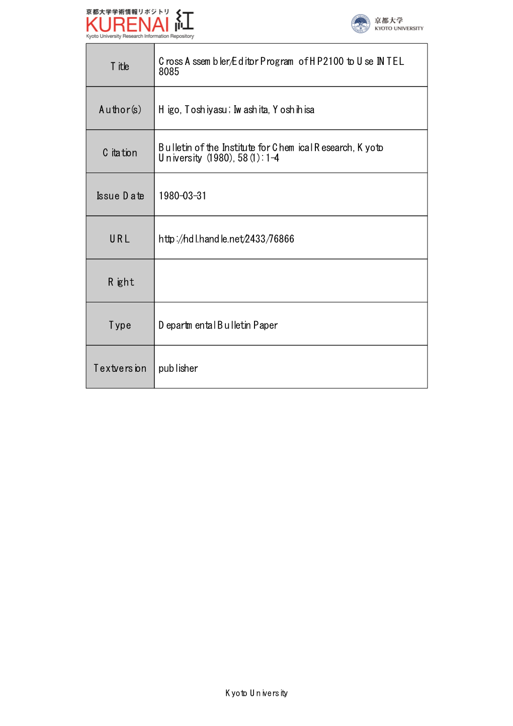 Title Cross Assembler/Editor Program of HP2100 to Use INTEL 8085