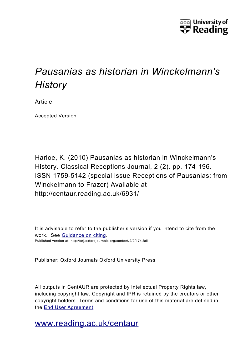 Pausanias As Historian in Winckelmann's History