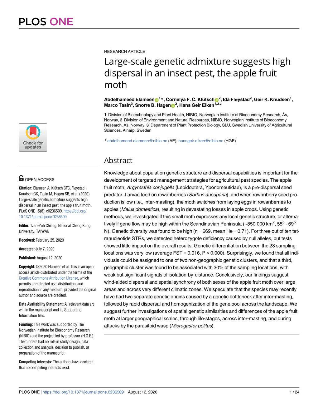 Large-Scale Genetic Admixture Suggests High Dispersal in an Insect Pest, the Apple Fruit Moth