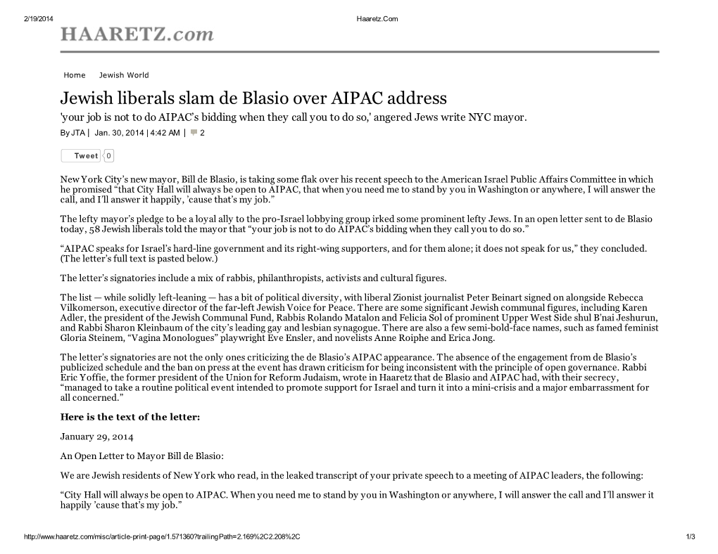 Jewish Liberals Slam De Blasio Over AIPAC Address 'Your Job Is Not to Do AIPAC’S Bidding When They Call You to Do So,' Angered Jews Write NYC Mayor