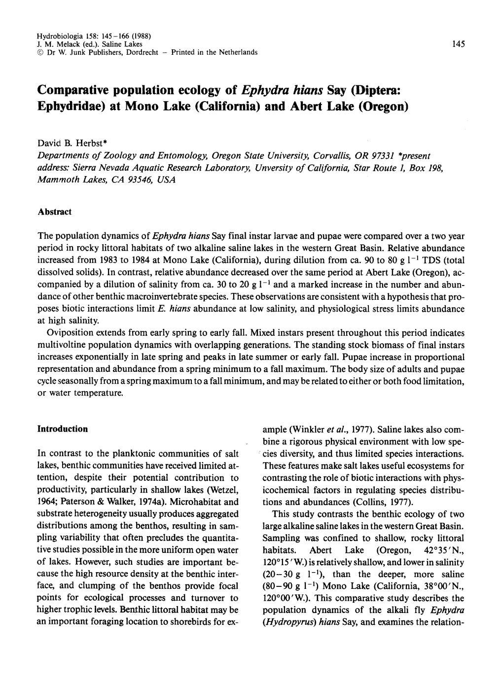 Comparative Population Ecology of Ephydra Hians Say (Diptera: Ephydridae) at Mono Lake (California) and Abert Lake (Oregon)