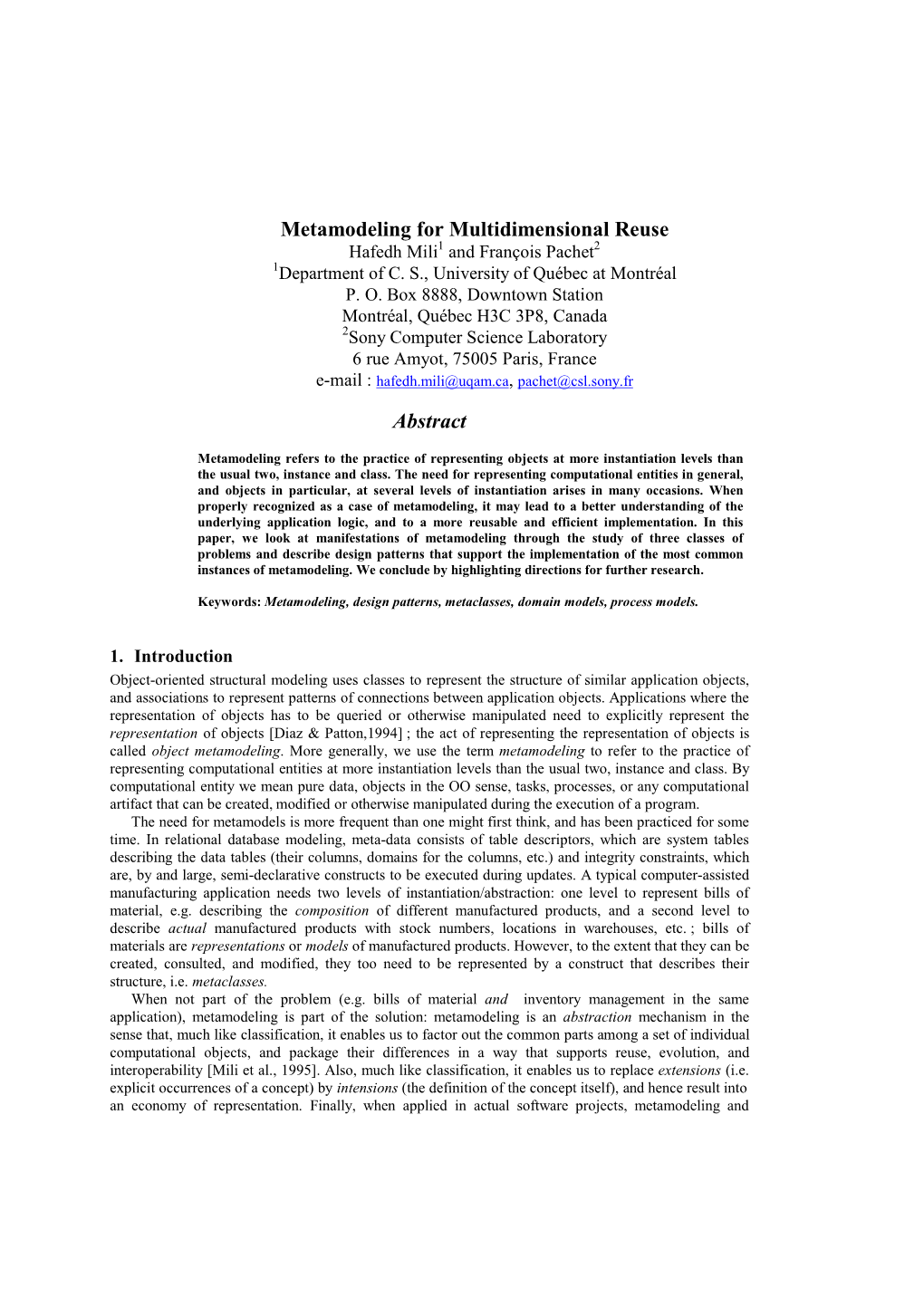 Metamodeling for Multidimensional Reuse Abstract