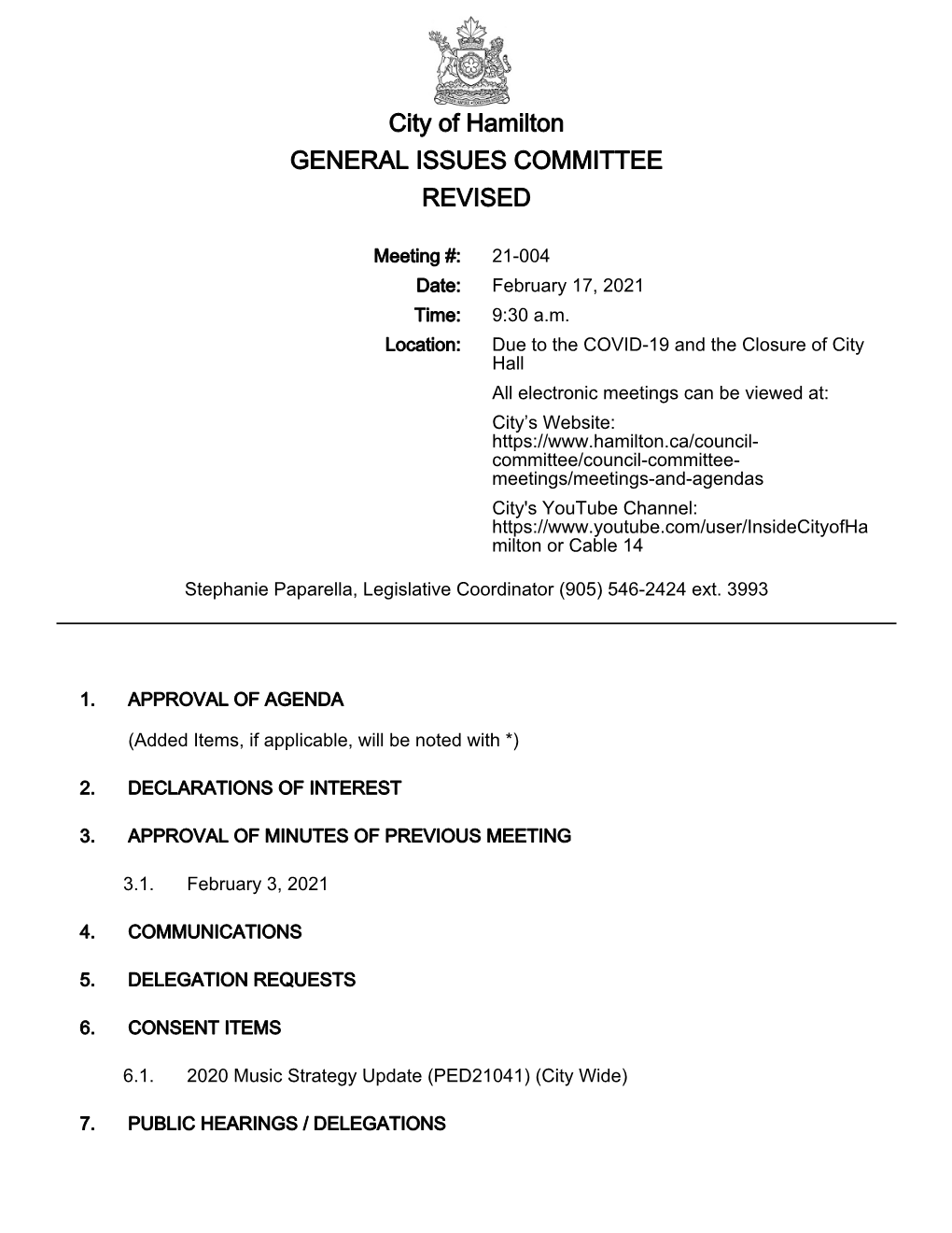 City of Hamilton GENERAL ISSUES COMMITTEE REVISED