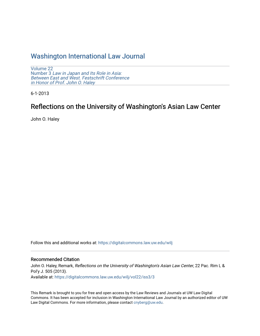 Reflections on the University of Washington's Asian Law Center