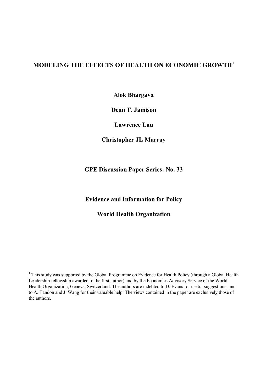 Modeling the Effects of Health on Economic Growth1