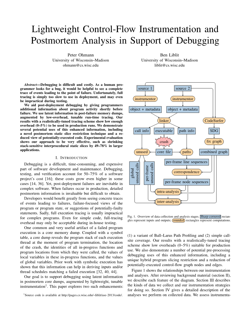 Lightweight Control-Flow Instrumentation and Postmortem Analysis in Support of Debugging
