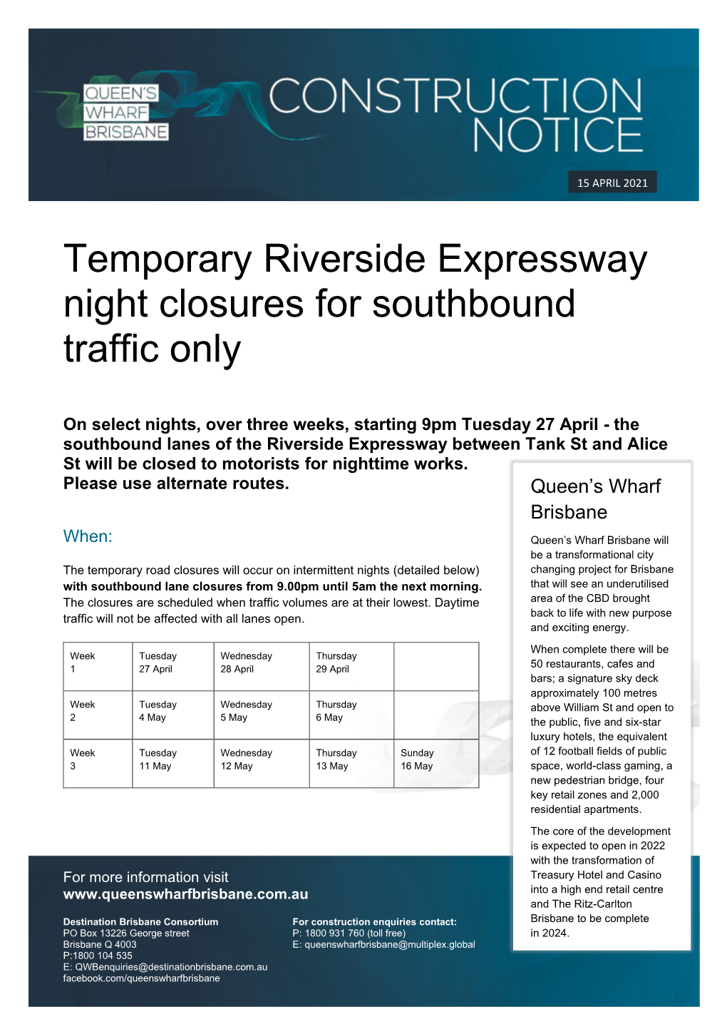 Temporary Riverside Expressway Night Closures for Southbound Traffic Only