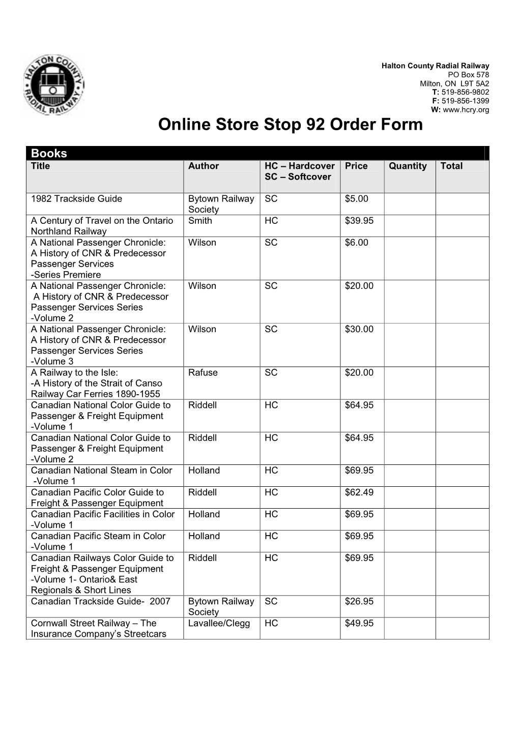 Online Store Stop 92 Order Form