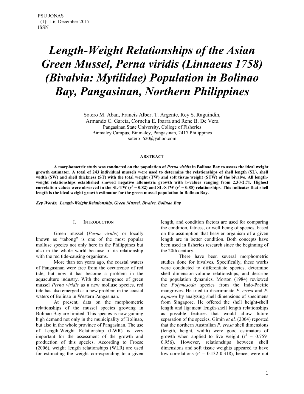 Length-Weight Relationships of the Asian Green Mussel, Perna Viridis