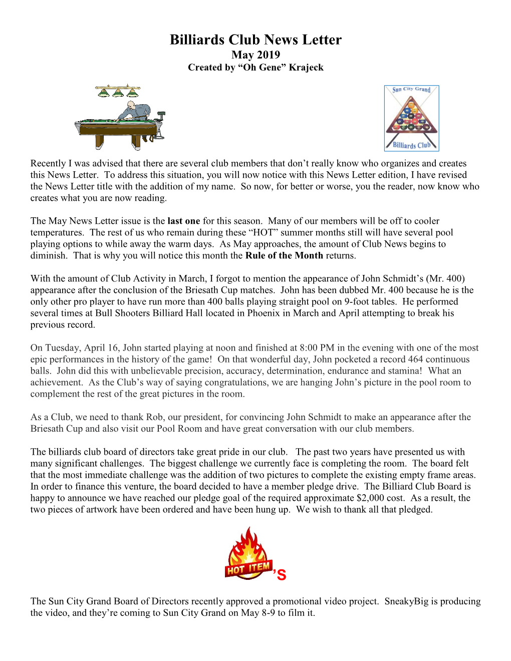 Billiards Club News Letter May 2019 Created by “Oh Gene” Krajeck