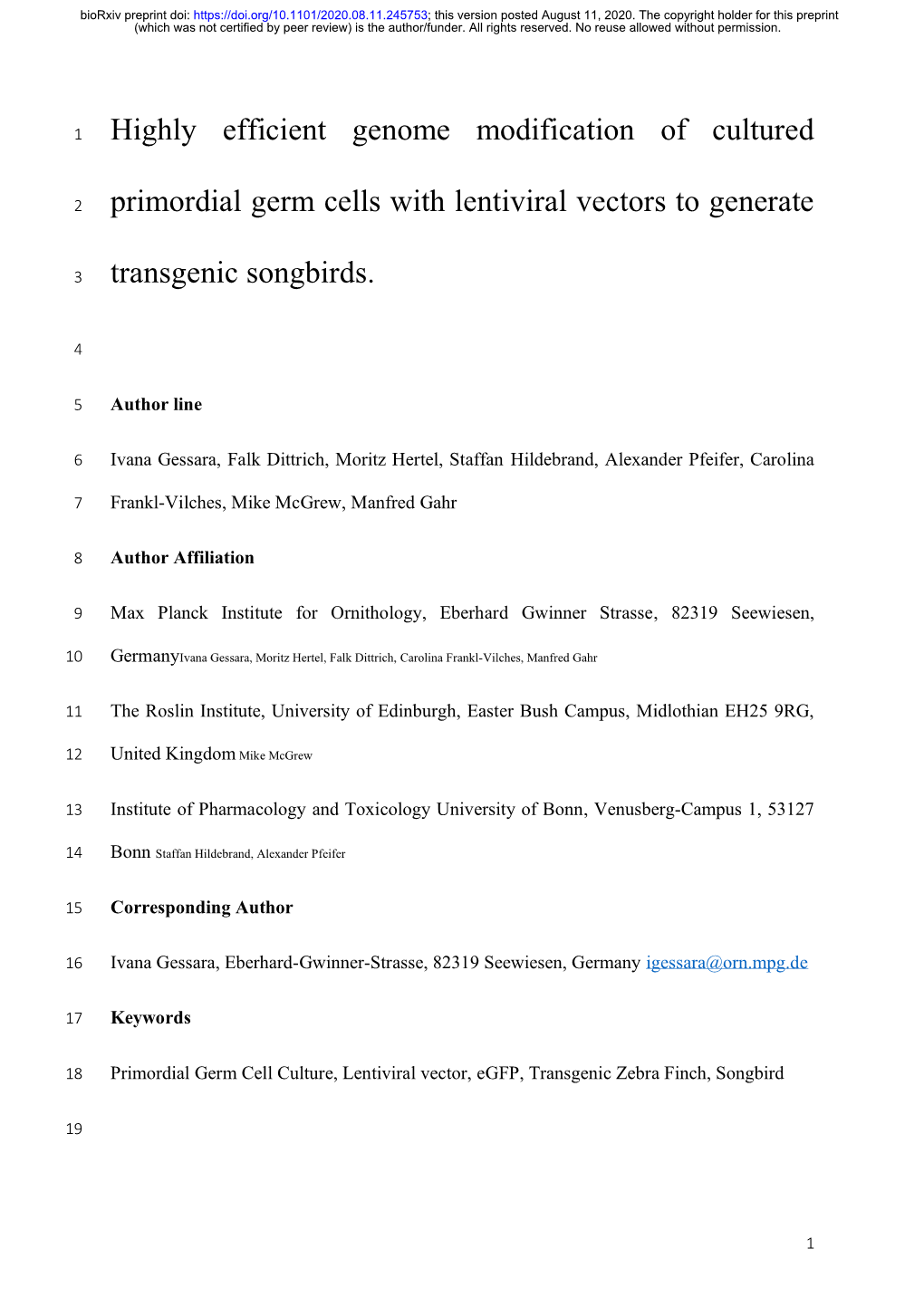 Highly Efficient Genome Modification of Cultured Primordial Germ Cells