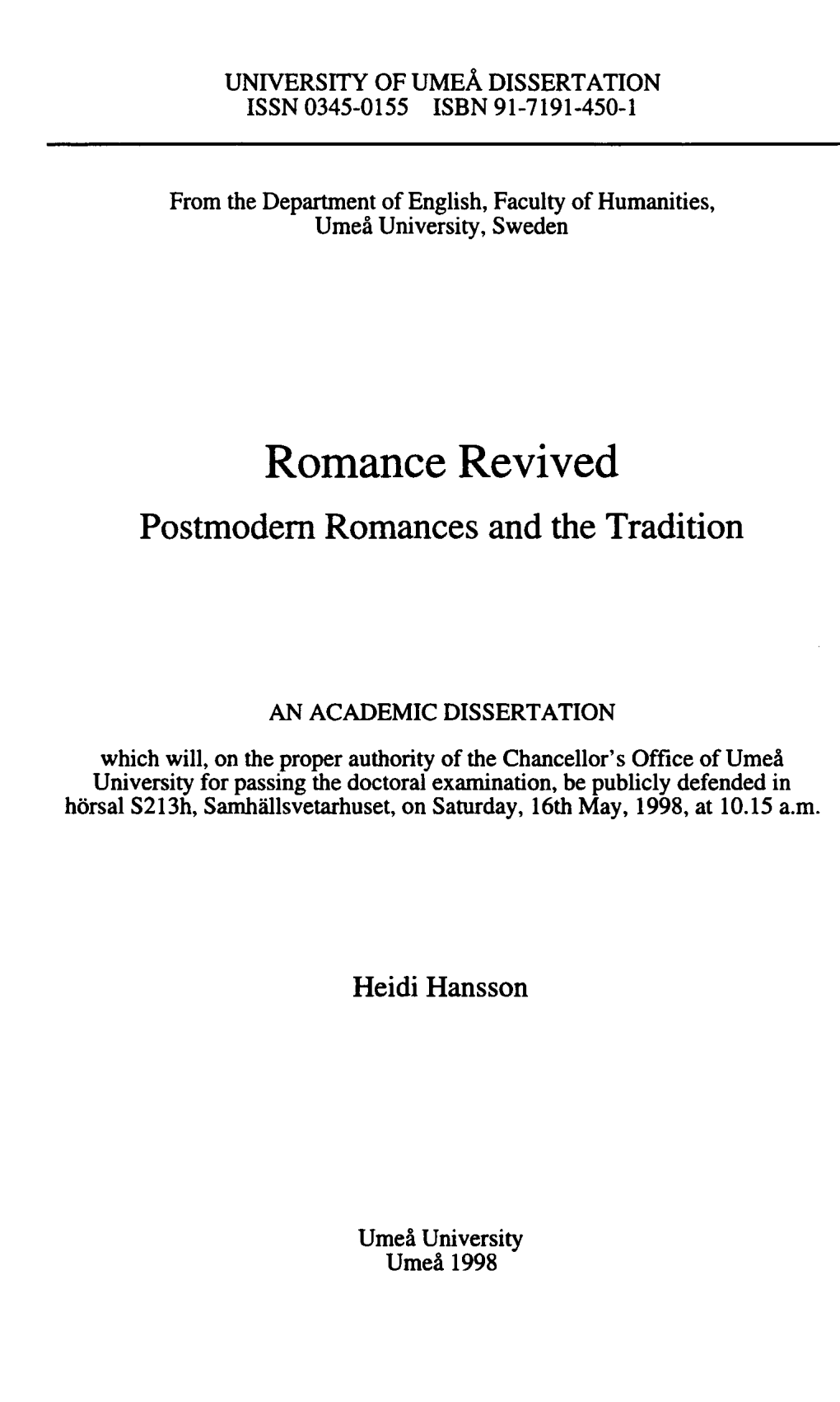 Romance Revived Postmodern Romances and the Tradition