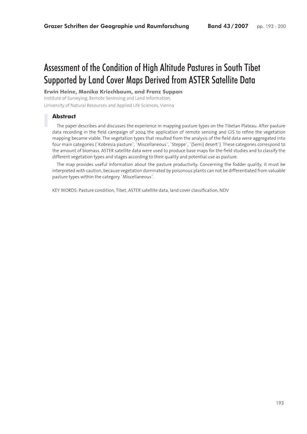 Assessment of the Condition of High Altitude Pastures in South Tibet