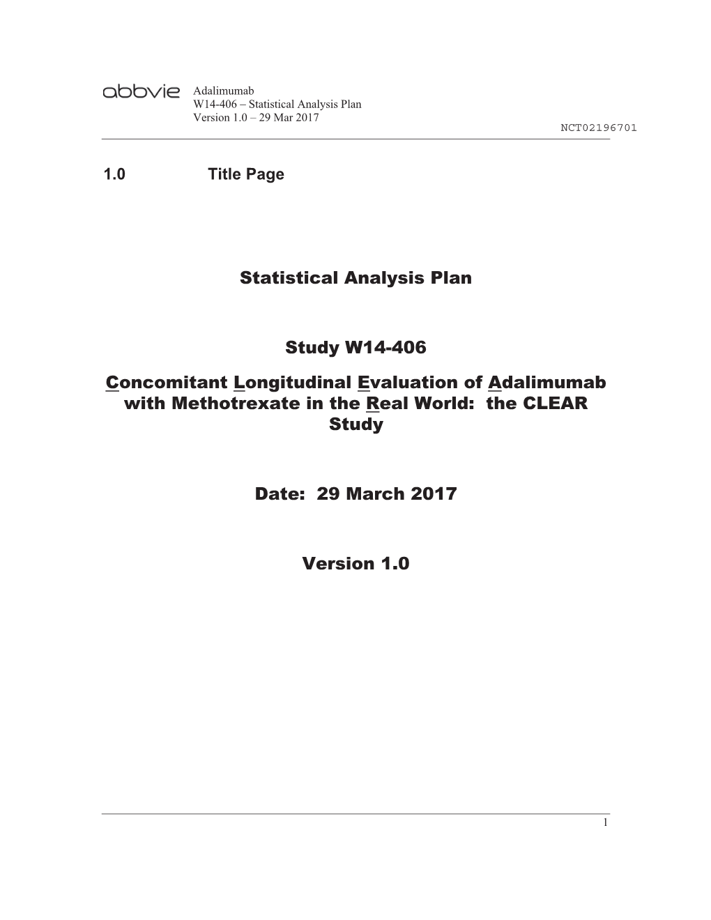 Statistical Analysis Plan Version 1.0 – 29 Mar 2017 NCT02196701