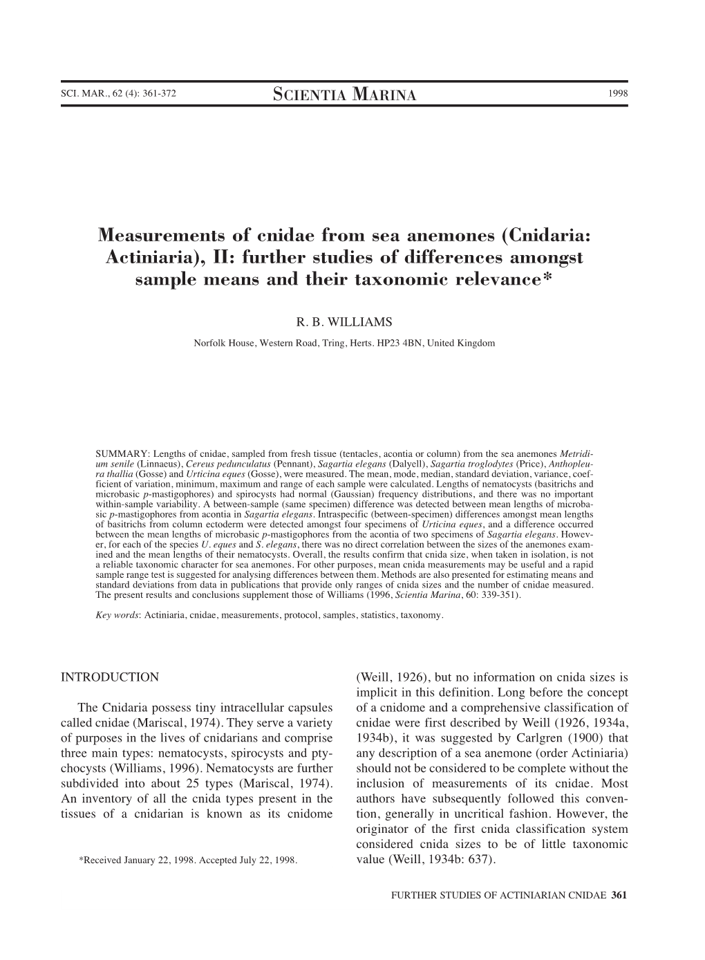 Measurements of Cnidae from Sea Anemones (Cnidaria: Actiniaria), II: Further Studies of Differences Amongst Sample Means and Their Taxonomic Relevance*