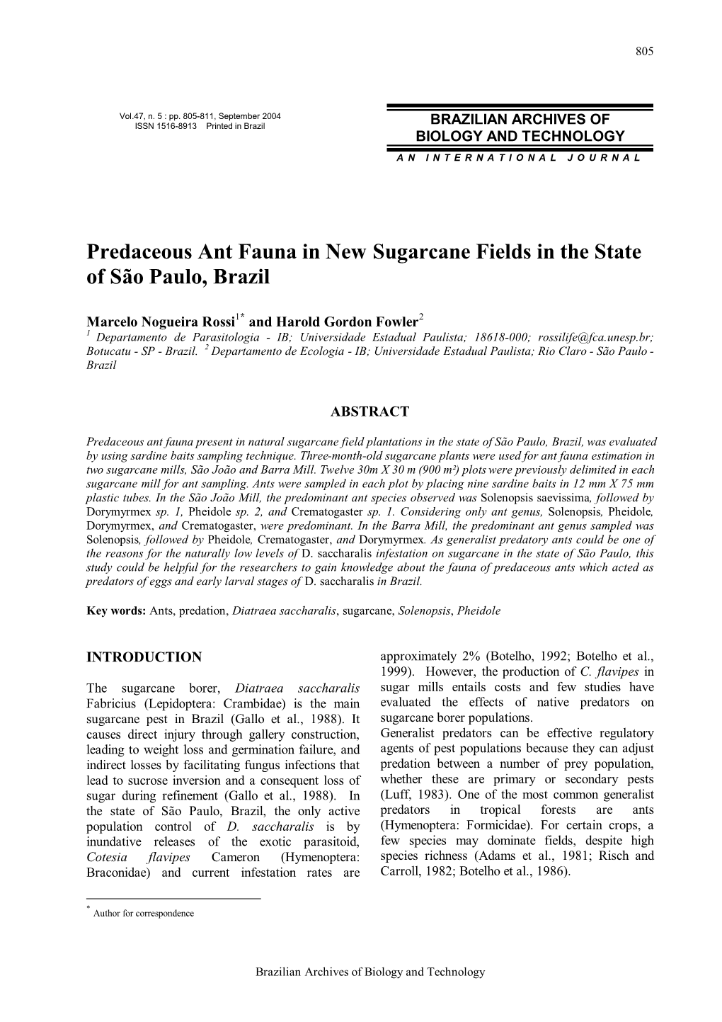Predaceous Ant Fauna in New Sugarcane Fields in the State of São Paulo, Brazil