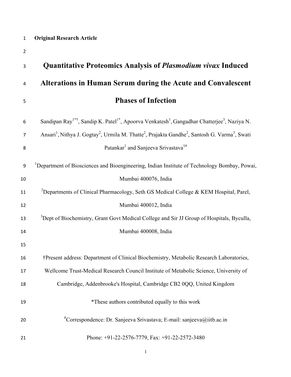 Quantitative Proteomics Analysis of Plasmodium Vivax Induced