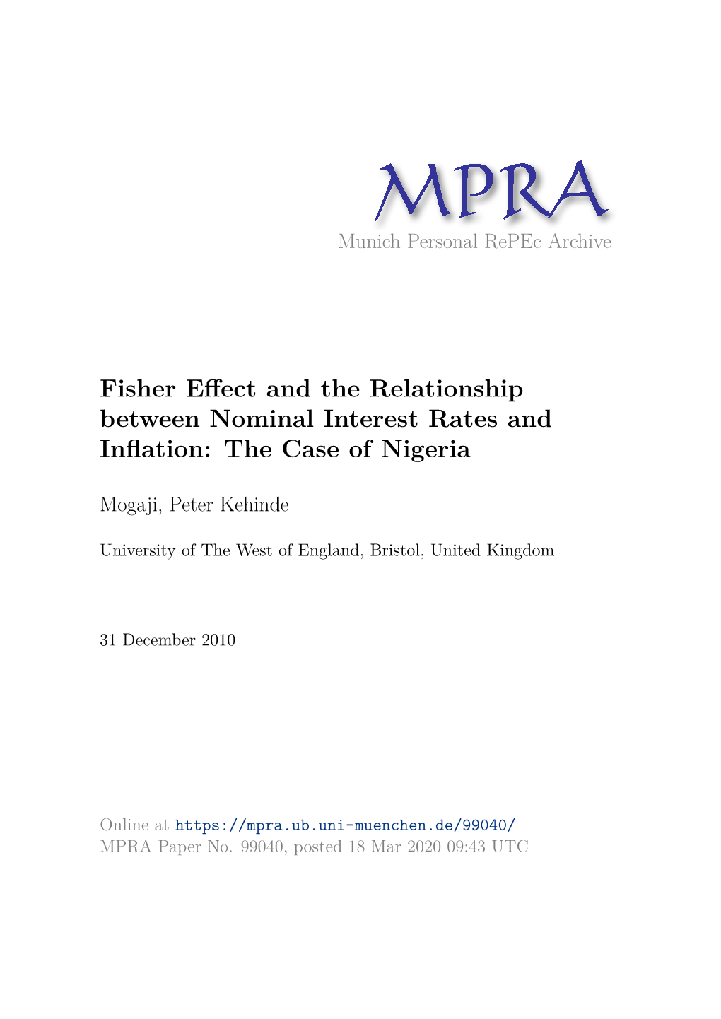 Fisher Effect and the Relationship Between Nominal Interest Rates and Inflation: the Case of Nigeria